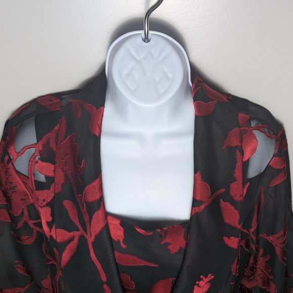 Alex Evenings Metallic Sheer Floral Red Black Burnout Chiffon Jacket & Cami Set - Picture 13 of 16